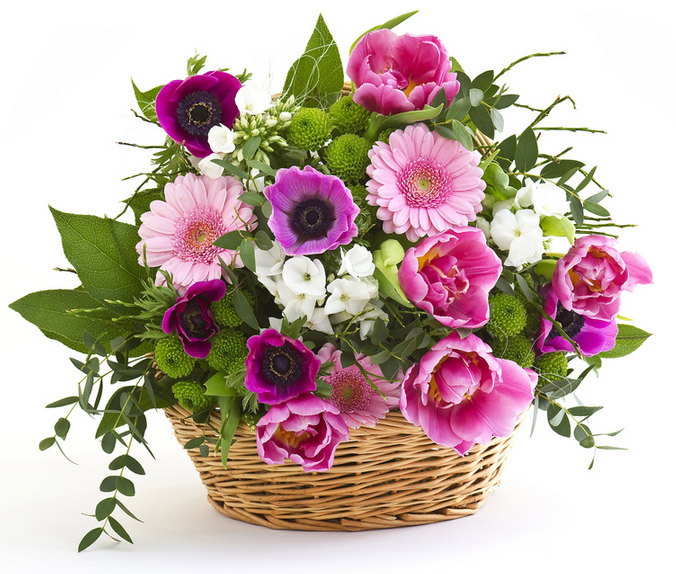 basket of roses and mixed flowers